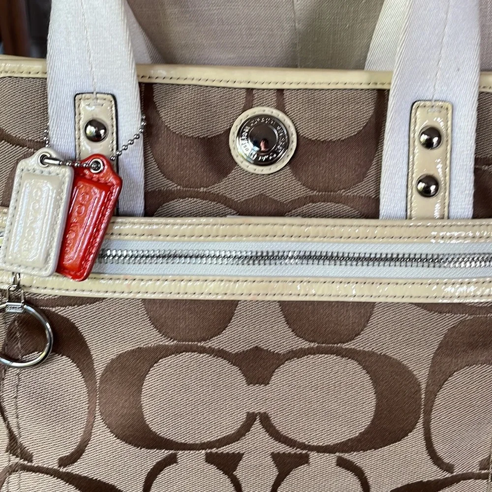 Taupe/tan Coach logo purse, violet lining, white straps - Picture 3 of 12